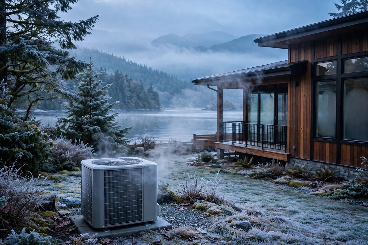 Heat pump releasing steam during a defrost cycle on a frosty Port Moody morning, with the inlet and mountains behind