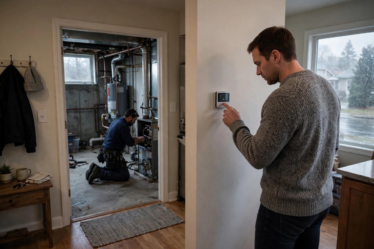 Homeowner checking a wall thermostat in a Port Coquitlam home while a technician inspects an unbranded furnace in the background