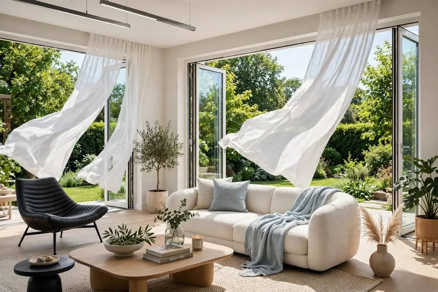 Bright, cool modern living room in summer