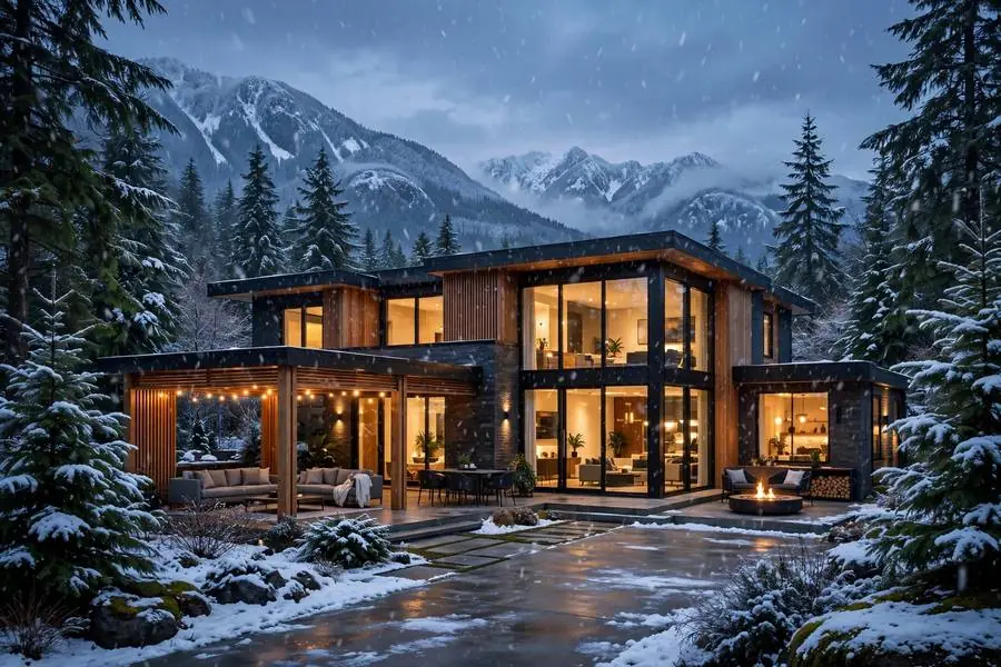 Warm modern home on a snowy winter evening